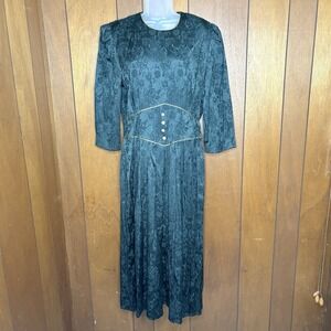 Vintage 80s Miss Dorby Dress Women's 14 Green Jacquard Cottagecore Regency Fairy